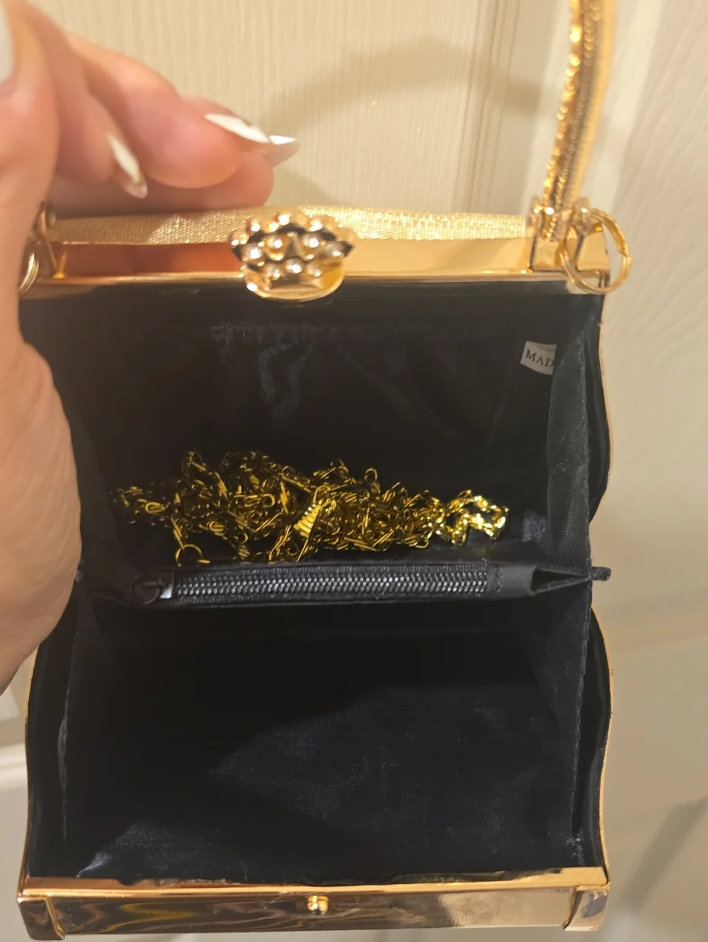 Gold Evening Top-Handle Clutch with Rhinestone Heart Accent